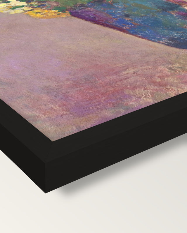 Vision. Vase of Flowers by Redon framed print, corner close-up: black moulding, mitred, the print set just below its edge