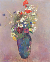 Vision. Vase of Flowers by Odilon Redon: red poppies, daisies and wild flowers in a blue vase on a soft lilac ground