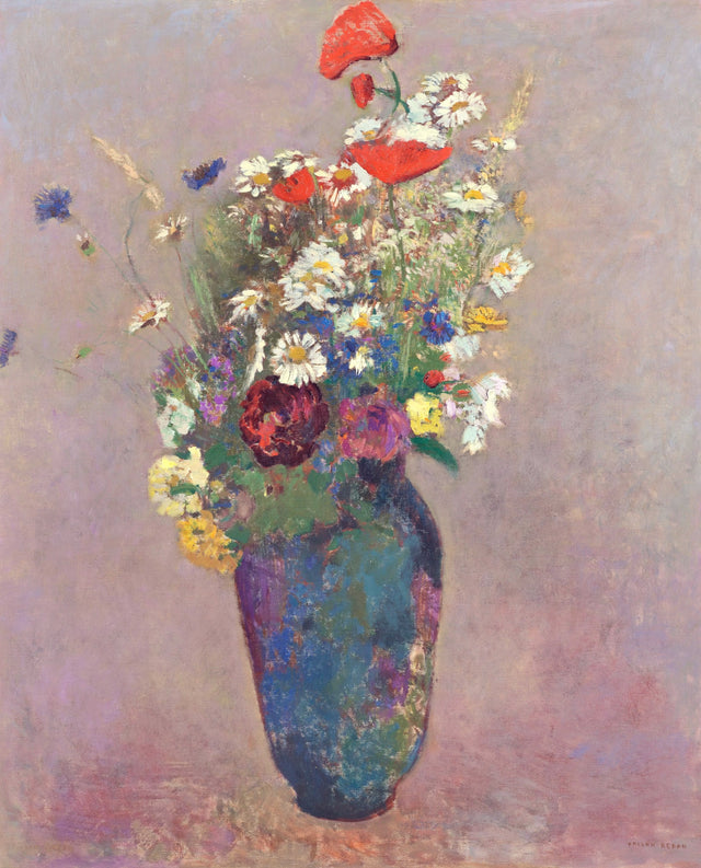 Vision. Vase of Flowers by Odilon Redon: red poppies, daisies and wild flowers in a blue vase on a soft lilac ground