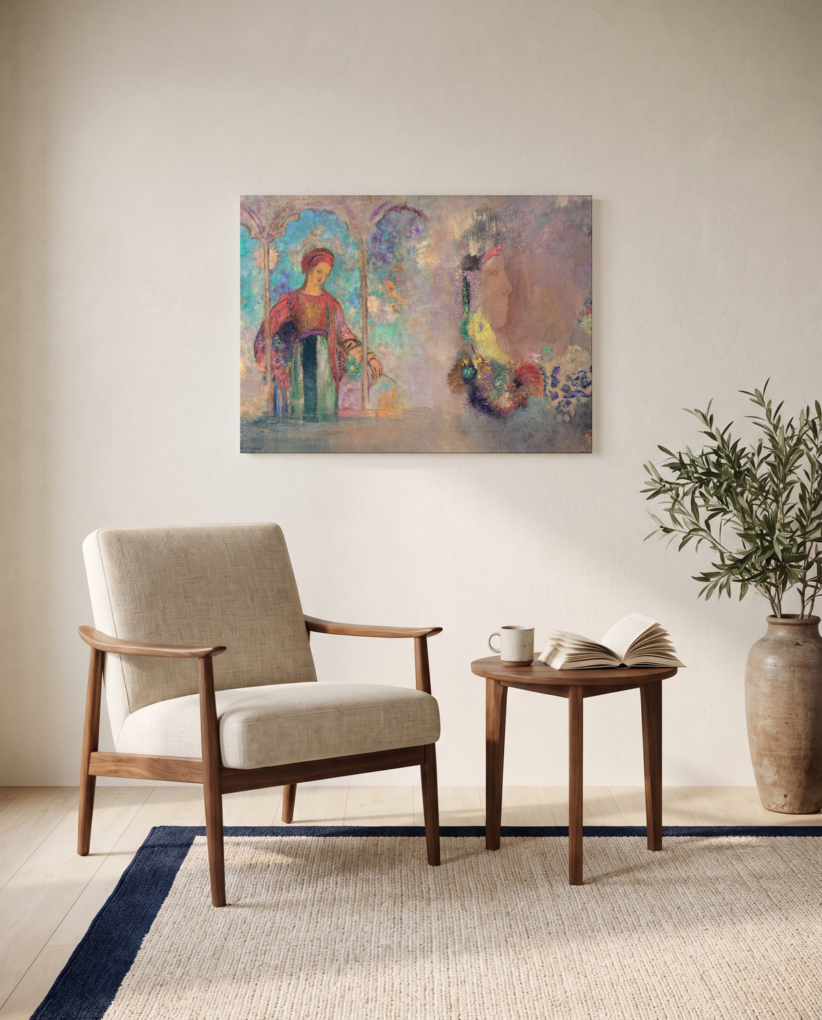 Woman in a Gothic Arcade by Odilon Redon as a stretched canvas above a linen lounge chair in a reading corner