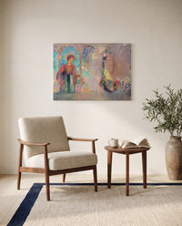 Woman in a Gothic Arcade by Odilon Redon as a stretched canvas above a linen lounge chair in a reading corner
