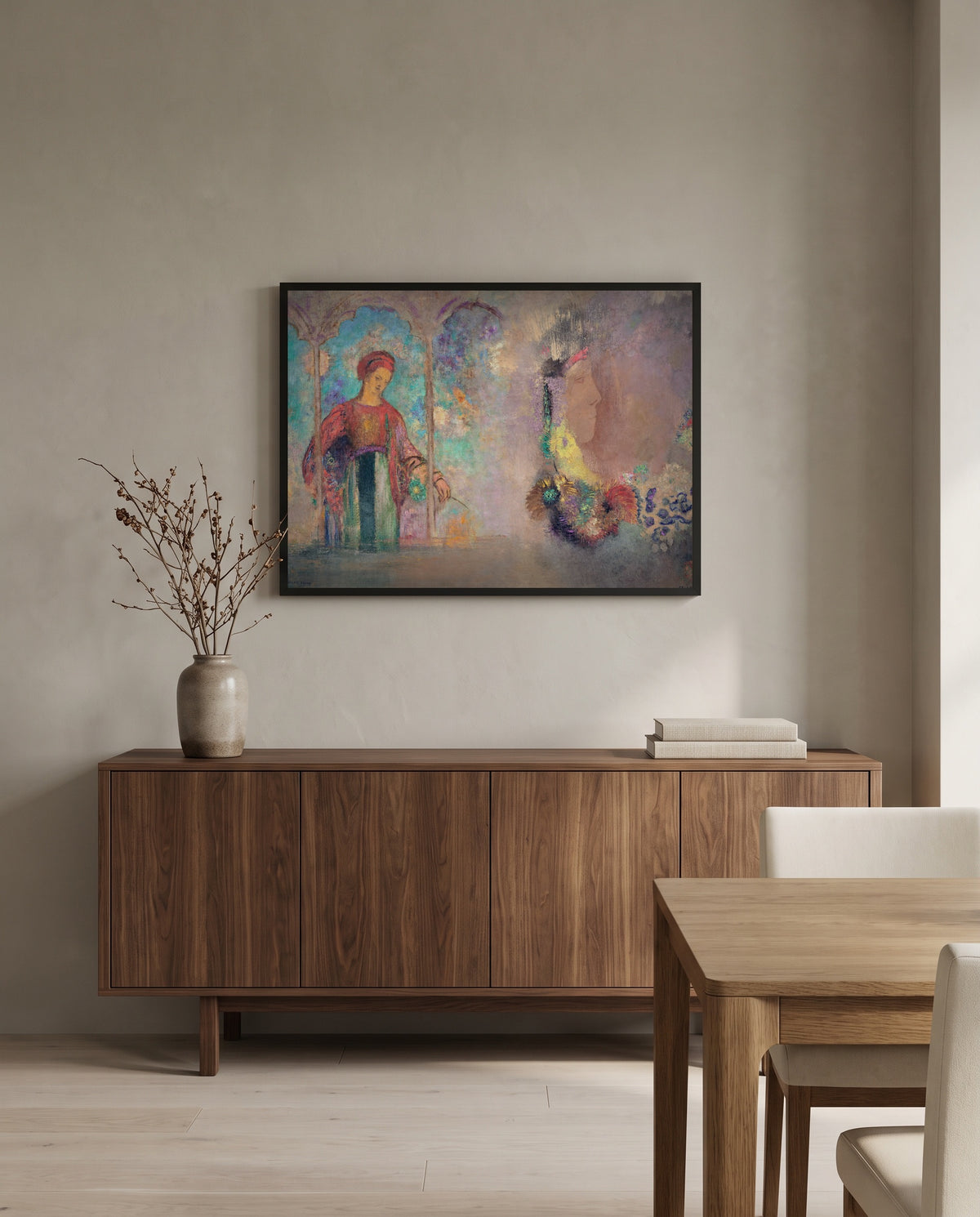 Woman in a Gothic Arcade by Odilon Redon in a black frame above a walnut sideboard in a dining room