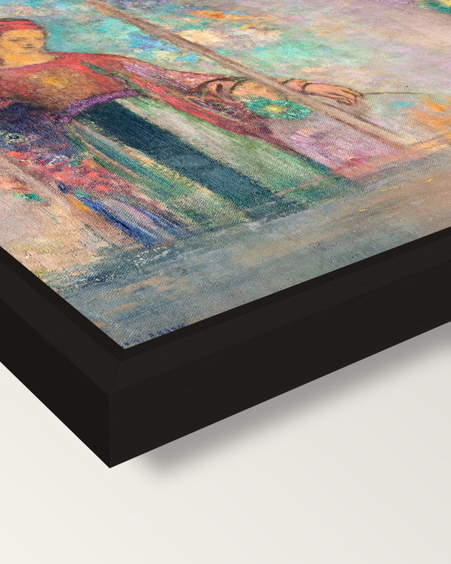 Woman in a Gothic Arcade by Redon framed canvas, corner close-up: a black floating frame with a shadow gap round the canvas