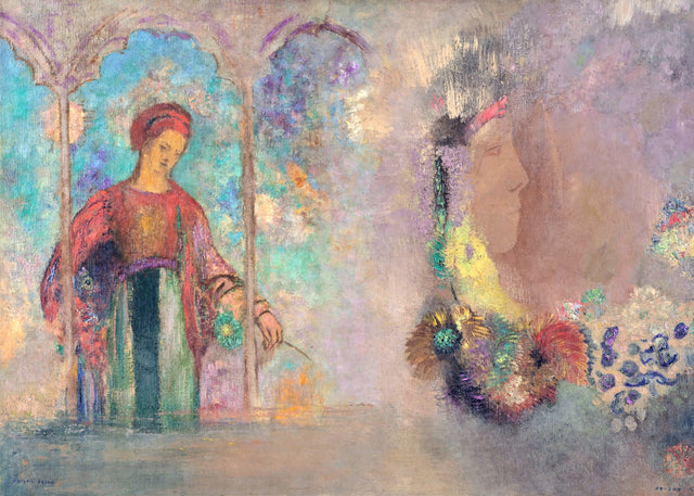 Woman in a Gothic Arcade by Odilon Redon: a woman in red under turquoise Gothic arches, a profile among flowers on the right