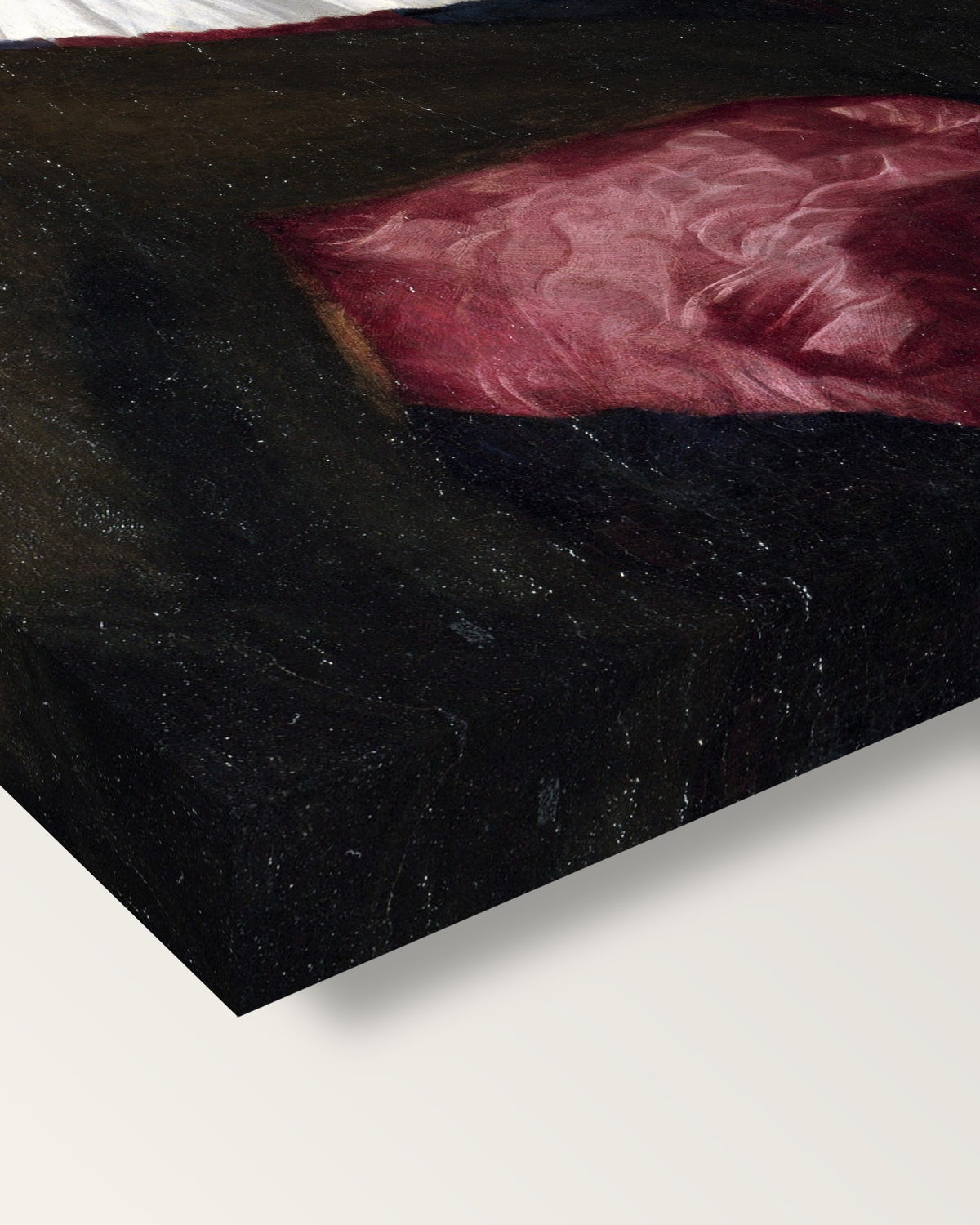 Portrait of a Poet by Palma Vecchio on stretched canvas, corner close-up: the painting mirror-wrapped round the sides