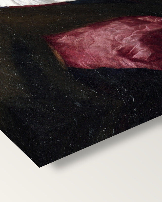 Portrait of a Poet by Palma Vecchio on stretched canvas, corner close-up: the painting mirror-wrapped round the sides