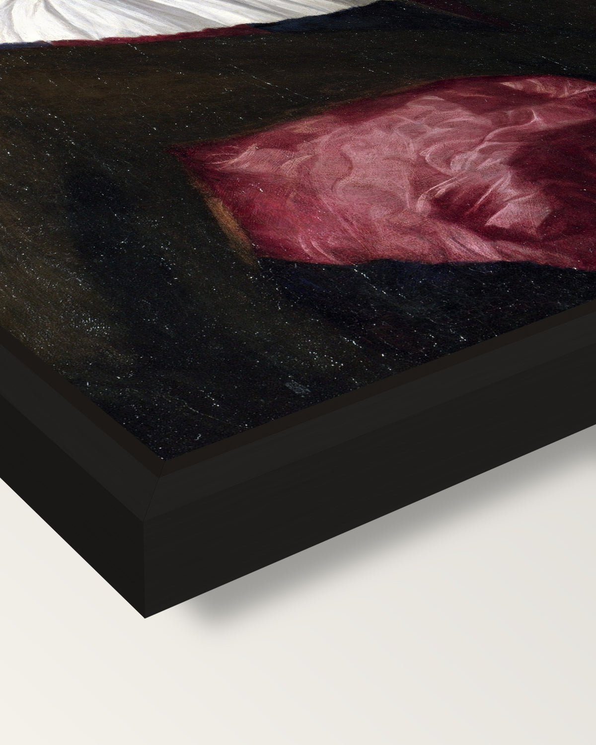 Portrait of a Poet by Palma Vecchio framed canvas, corner close-up: a black floating frame with a shadow gap round the canvas