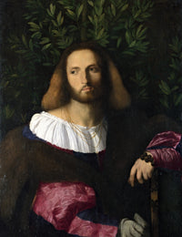 Portrait of a Poet by Palma Vecchio: a bearded young man in maroon and fur before dark green laurel leaves