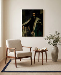 Gentleman in a Fur by Paolo Veronese as a stretched canvas above a linen lounge chair in a reading corner