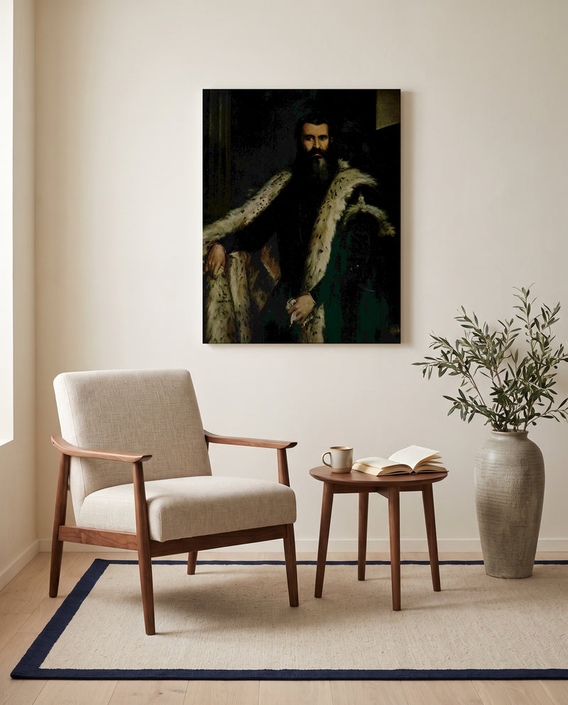 Gentleman in a Fur by Paolo Veronese as a stretched canvas above a linen lounge chair in a reading corner