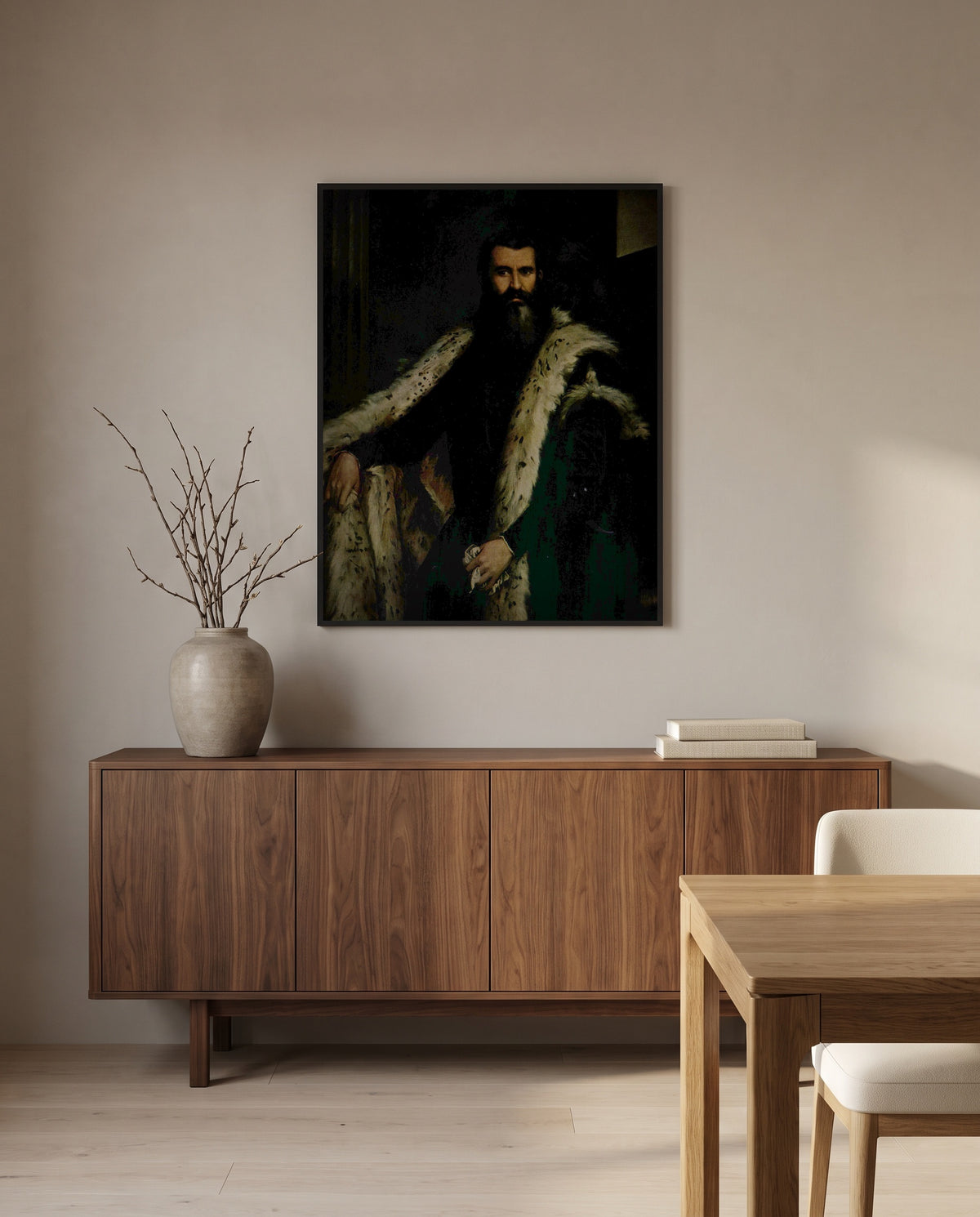 Gentleman in a Fur by Paolo Veronese in a black frame above a walnut sideboard in a dining room