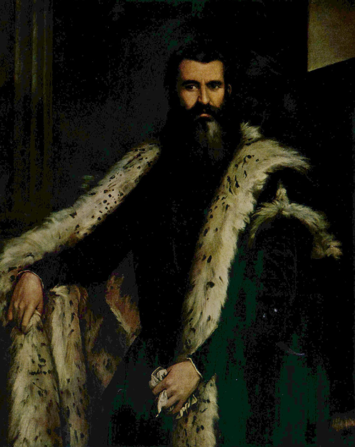 Gentleman in a Fur by Veronese: a long-bearded man in a black cloak lined with spotted ermine, holding a handkerchief