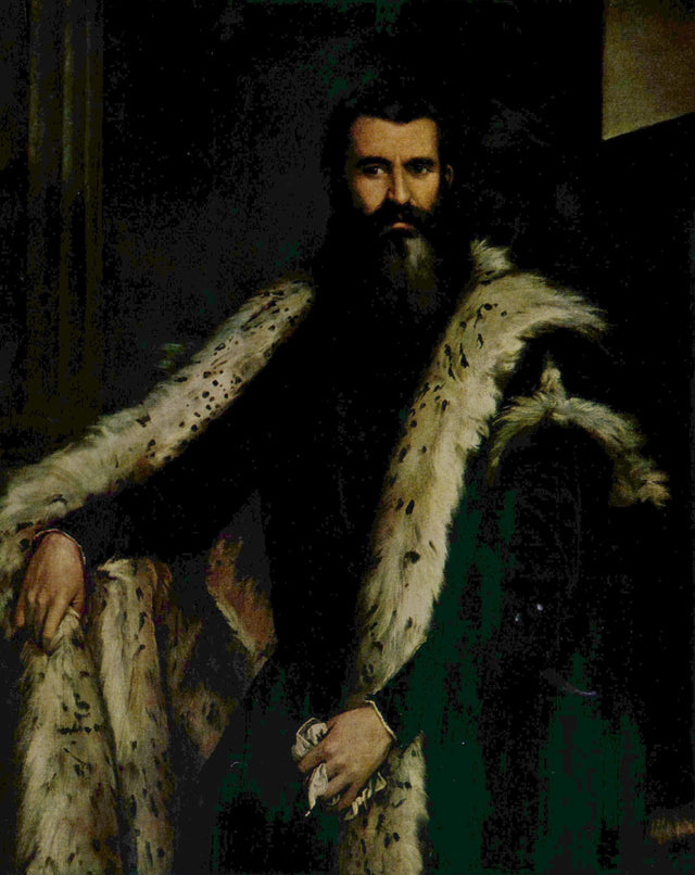 Gentleman in a Fur by Veronese: a long-bearded man in a black cloak lined with spotted ermine, holding a handkerchief