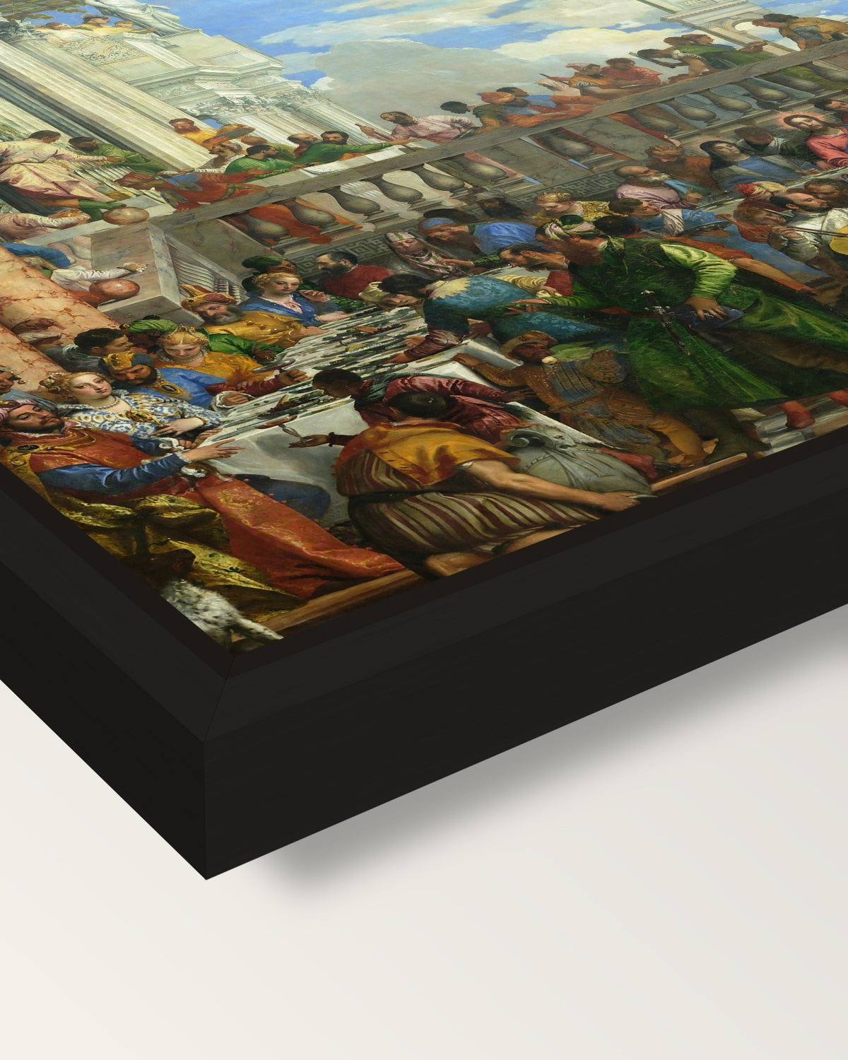 The Wedding at Cana by Veronese framed canvas, corner close-up: a black floating frame with a shadow gap round the canvas