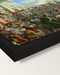 The Wedding at Cana by Veronese framed canvas, corner close-up: a black floating frame with a shadow gap round the canvas