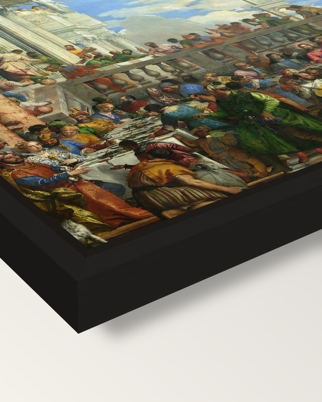 The Wedding at Cana by Veronese framed canvas, corner close-up: a black floating frame with a shadow gap round the canvas
