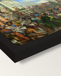 The Wedding at Cana by Veronese framed print, corner close-up: black moulding, mitred, the print set just below its edge