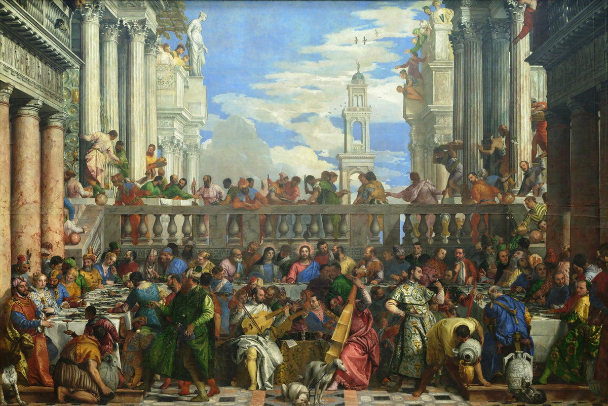 The Wedding at Cana by Veronese: a vast banquet with guests at long tables, musicians in front, columns and sky above