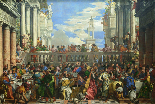 The Wedding at Cana by Veronese: a vast banquet with guests at long tables, musicians in front, columns and sky above