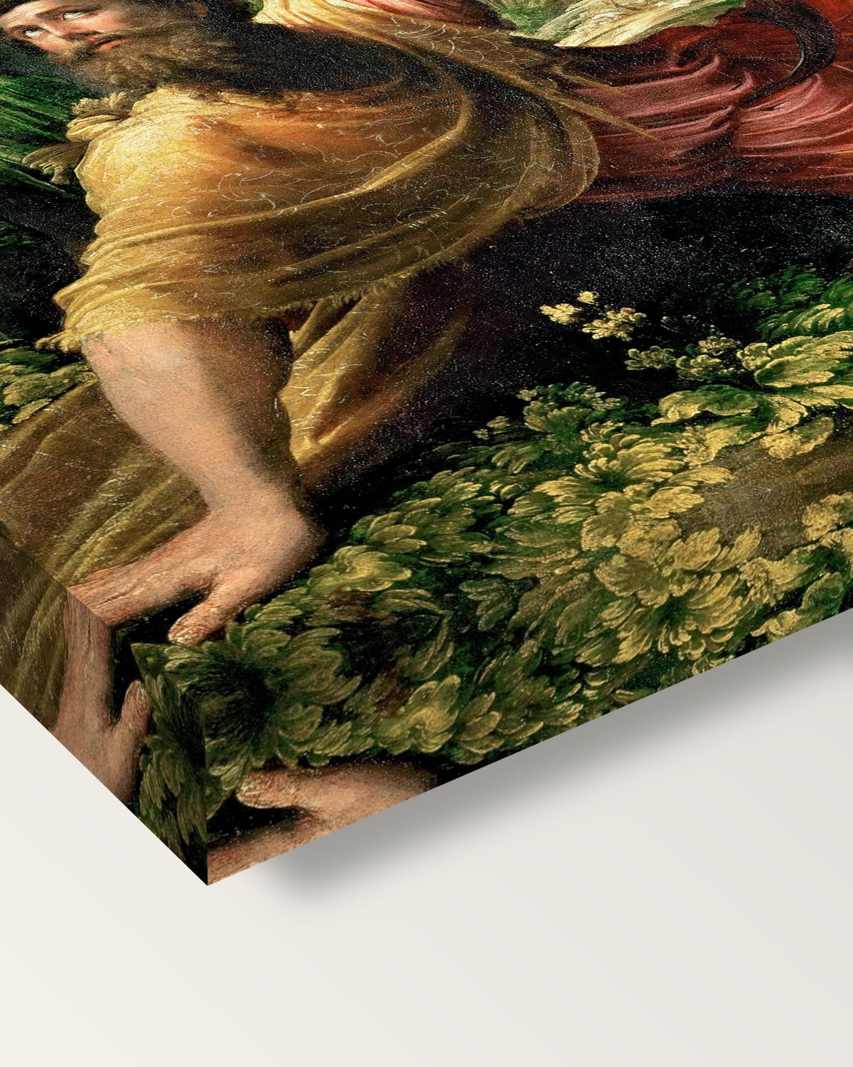 Conversion of Saint Paul by Parmigianino on stretched canvas, corner close-up: the painting mirror-wrapped round the sides