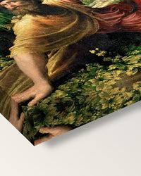 Conversion of Saint Paul by Parmigianino on stretched canvas, corner close-up: the painting mirror-wrapped round the sides