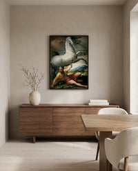 Conversion of Saint Paul by Parmigianino in a black frame above a walnut sideboard in a dining room