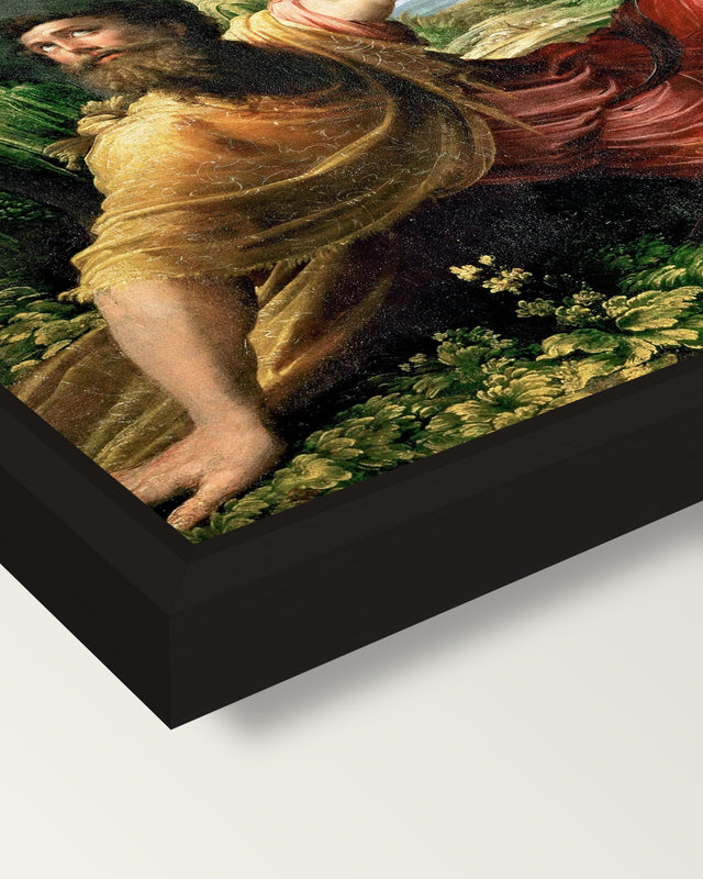 Conversion of Saint Paul framed canvas, corner close-up: a black floating frame with a shadow gap round the canvas