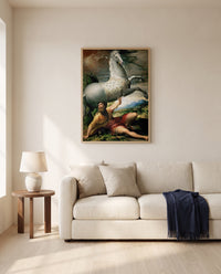 Conversion of Saint Paul by Parmigianino framed in natural oak above a cream sofa in a warm living room