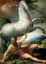 The Conversion of Saint Paul by Parmigianino: a dappled grey horse rears above a fallen man in a gold cloak