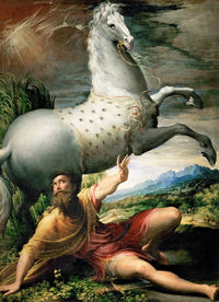 The Conversion of Saint Paul by Parmigianino: a dappled grey horse rears above a fallen man in a gold cloak