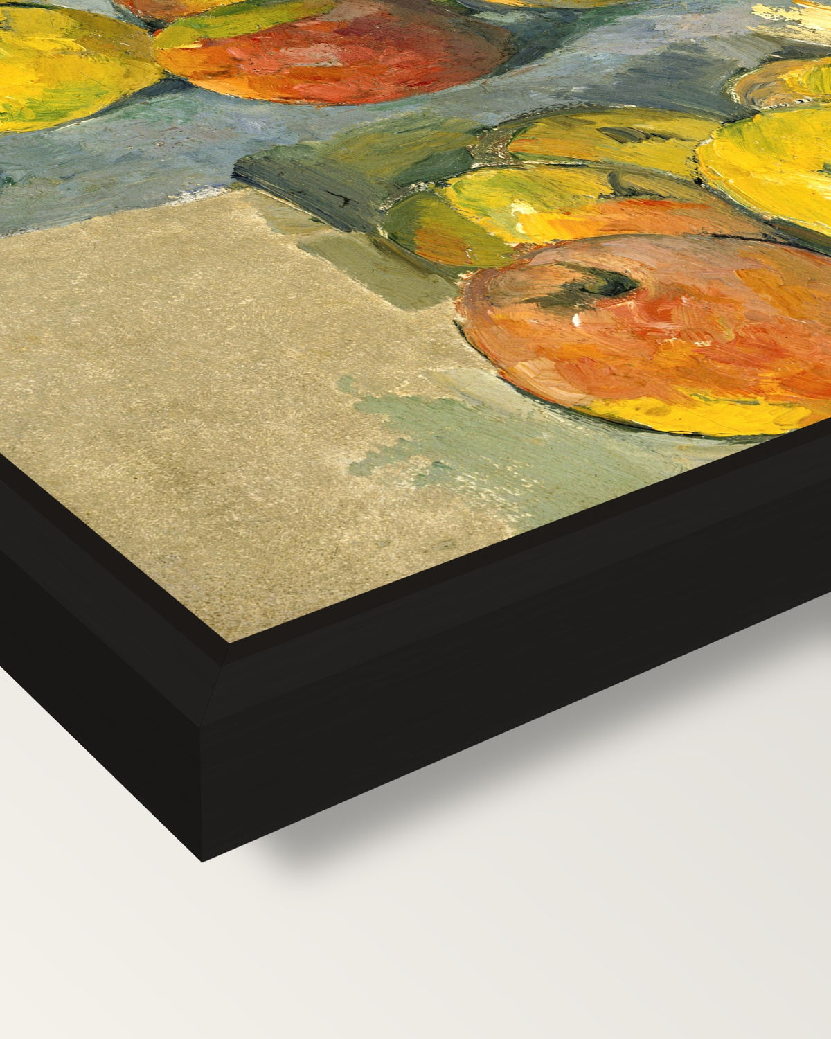 Apples by Paul Cézanne framed canvas, corner close-up: a black floating frame with a shadow gap round the canvas