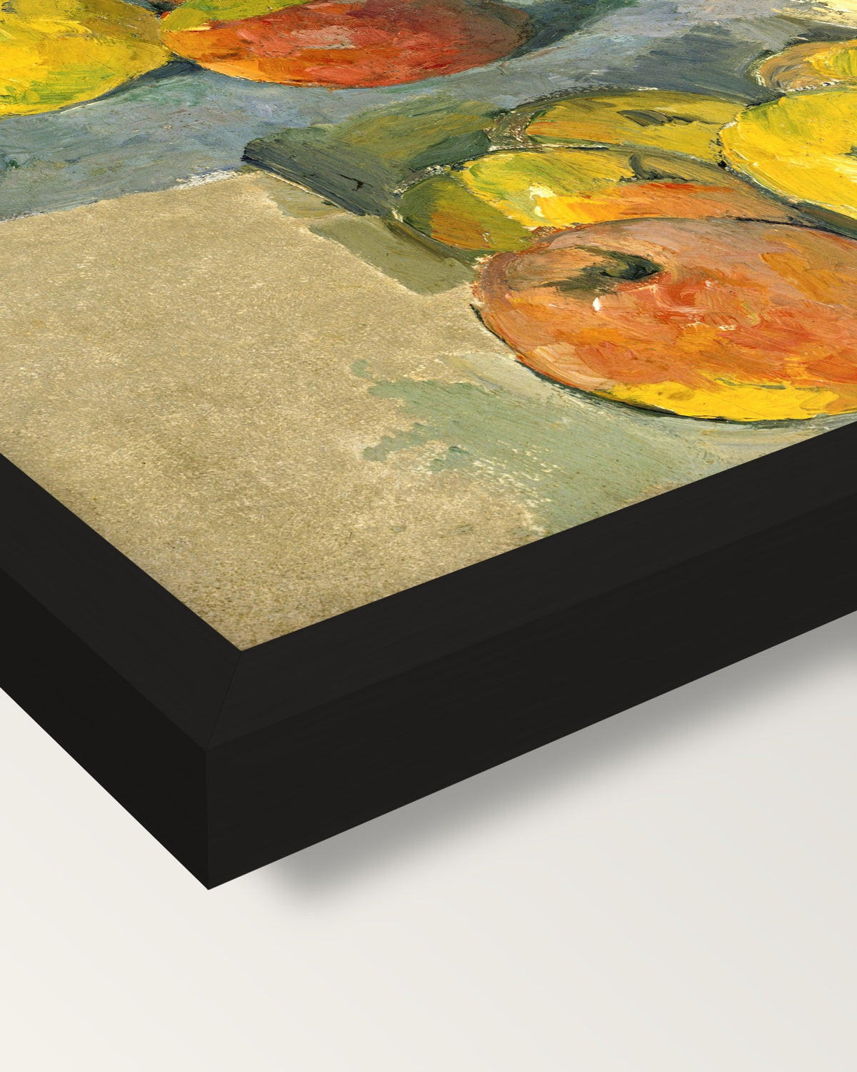 Apples by Paul Cézanne framed print, corner close-up: black moulding, mitred, the print set just below its edge