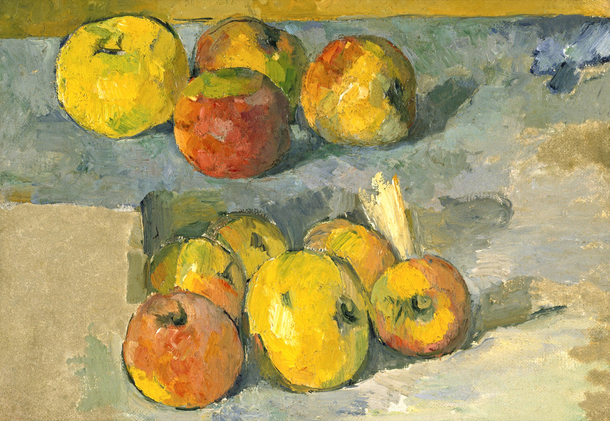Apples by Paul Cézanne: two groups of yellow, red and green apples resting on a grey-blue cloth
