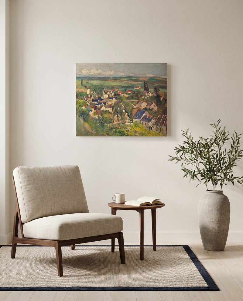 Auvers, Panoramic View by Paul Cézanne as a stretched canvas above a linen lounge chair in a reading corner