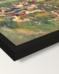 Auvers, Panoramic View by Cézanne framed canvas, corner close-up: a black floating frame with a shadow gap round the canvas