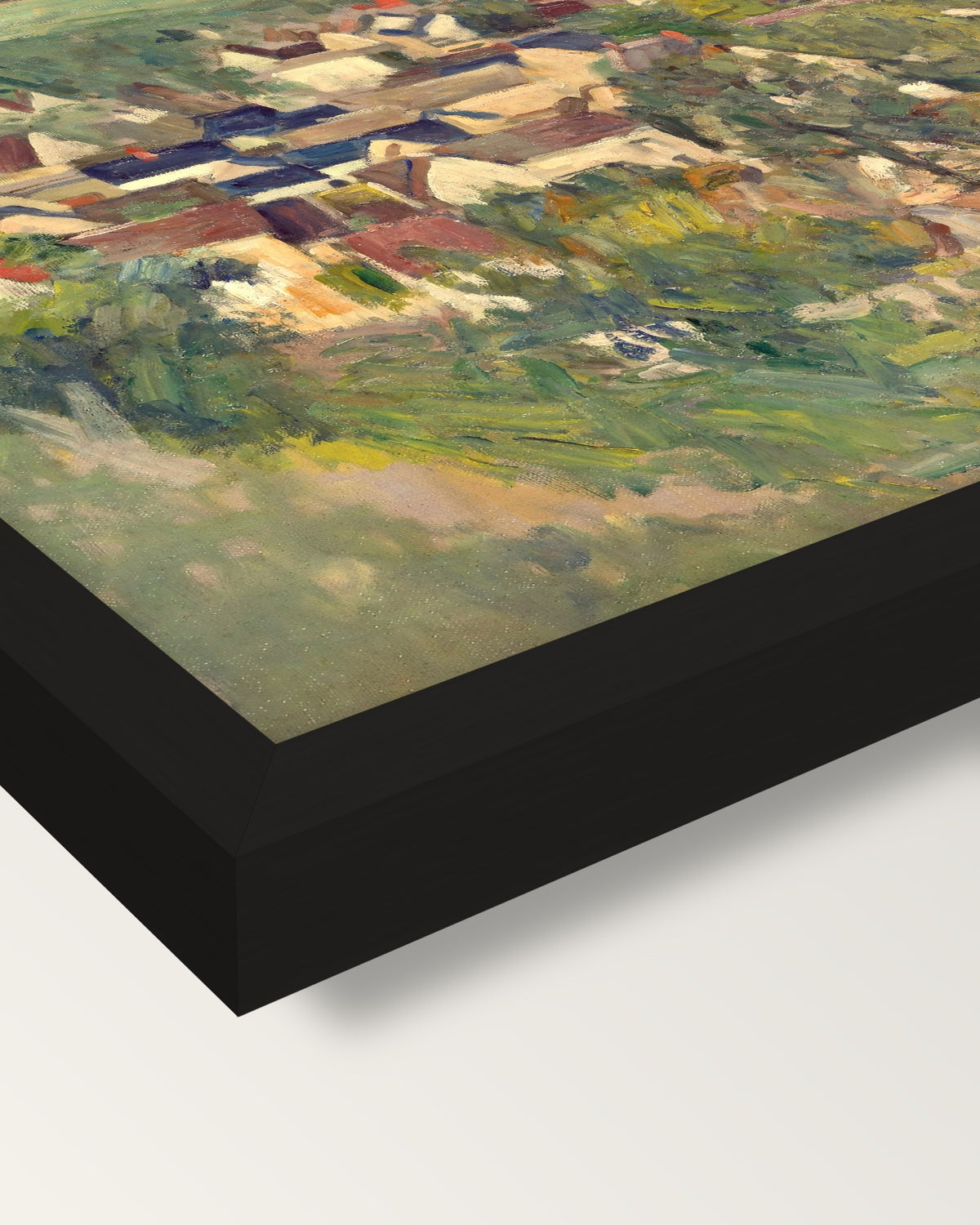Auvers, Panoramic View by Cézanne framed print, corner close-up: black moulding, mitred, the print set just below its edge