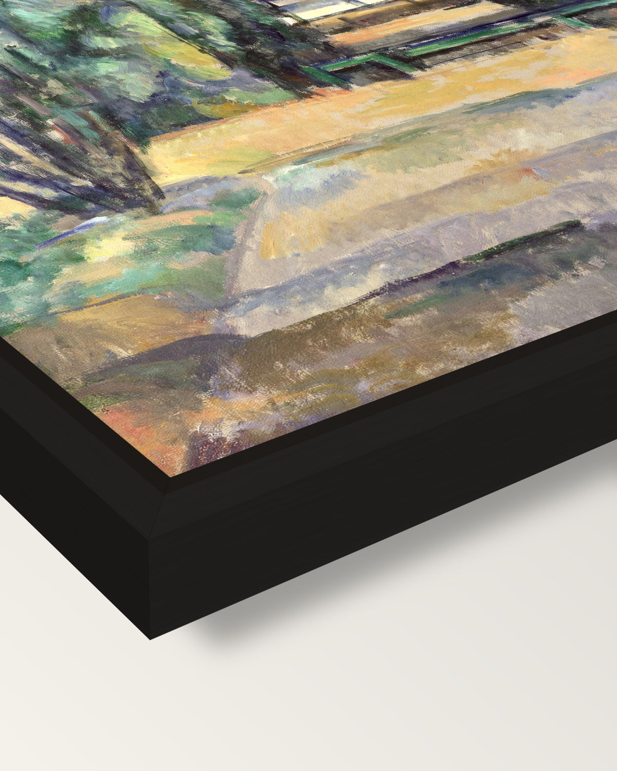 Avenue at Chantilly by Paul Cézanne framed canvas, corner close-up: a black floating frame with a shadow gap round the canvas