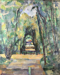 Avenue at Chantilly by Cézanne: a straight path through a tunnel of green trees, a pale light at the far end