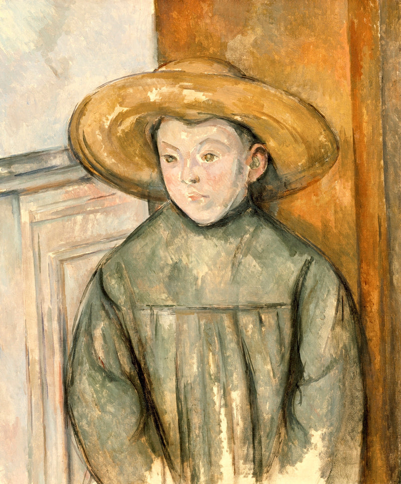 Boy with a Straw Hat by Cézanne: a small boy in a wide straw hat and pale smock against a pale wall