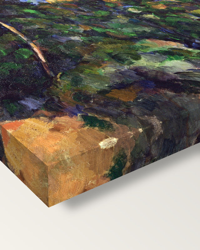 Château Noir by Paul Cézanne on stretched canvas, corner close-up: the painting mirror-wrapped round the sides