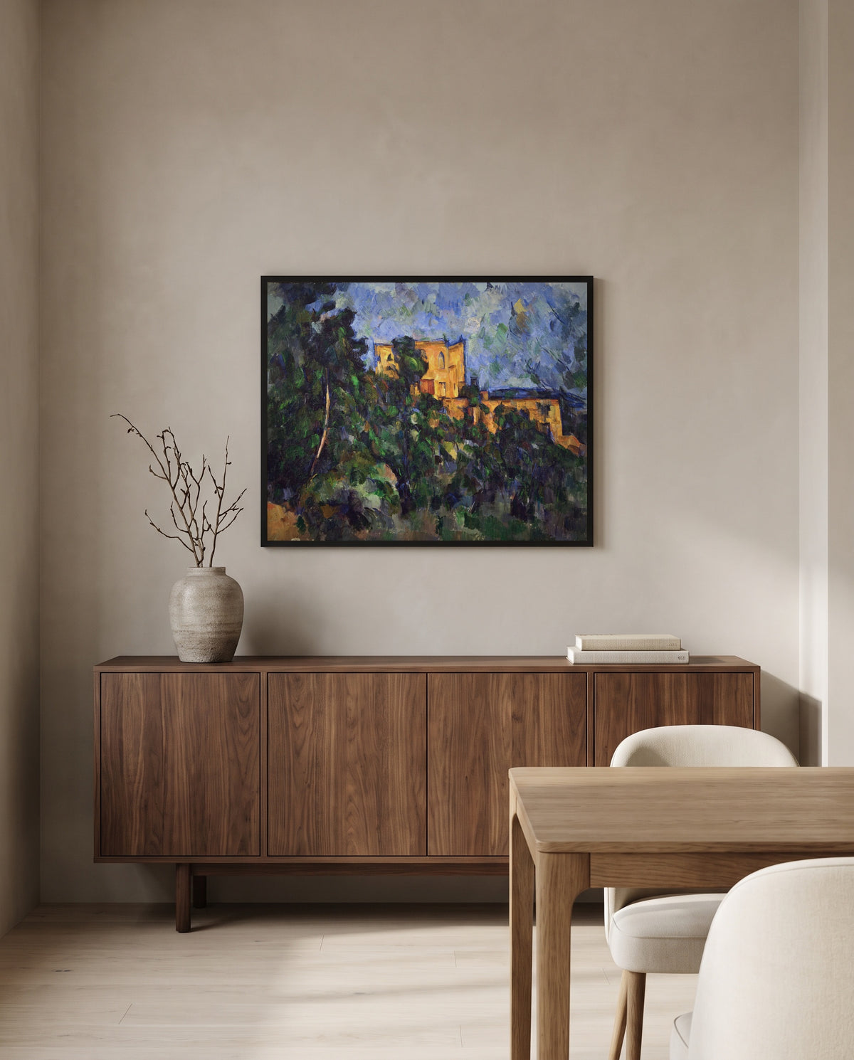 Château Noir by Paul Cézanne in a black frame above a walnut sideboard in a dining room