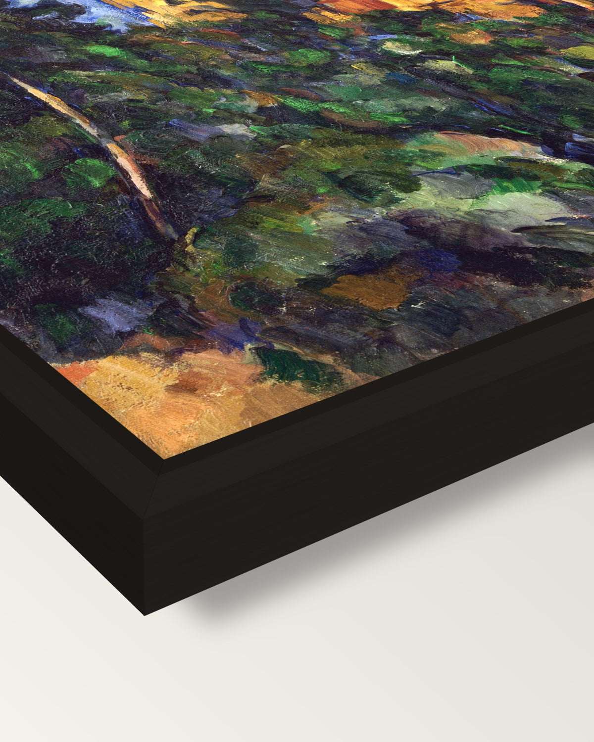 Château Noir by Paul Cézanne framed canvas, corner close-up: a black floating frame with a shadow gap round the canvas
