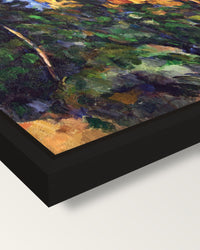 Château Noir by Paul Cézanne framed canvas, corner close-up: a black floating frame with a shadow gap round the canvas