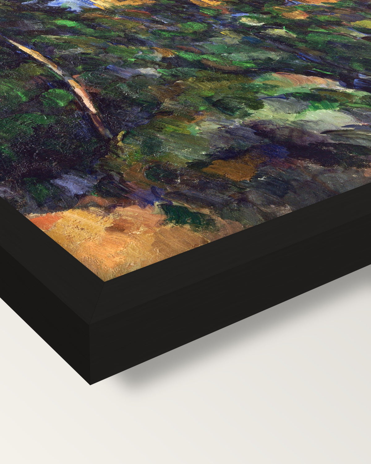 Château Noir by Paul Cézanne framed print, corner close-up: black moulding, mitred, the print set just below its edge