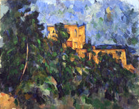 Château Noir by Cézanne: an ochre house half hidden by dark green trees under a deep blue sky, broad patches of paint