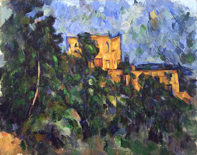 Château Noir by Cézanne: an ochre house half hidden by dark green trees under a deep blue sky, broad patches of paint