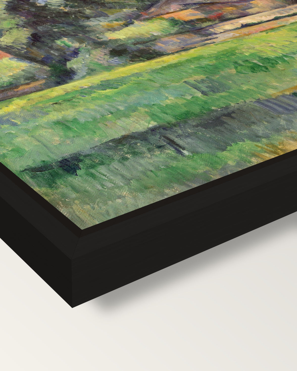 Landscape with Poplars by Cézanne framed canvas, corner close-up: a black floating frame with a shadow gap round the canvas