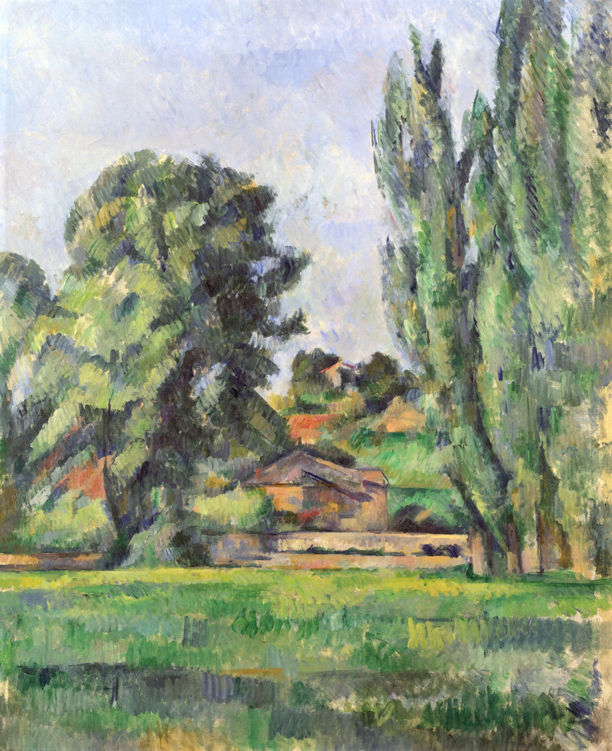 Landscape with Poplars by Cézanne: tall green poplars and trees above a meadow, a few buildings, a pale sky