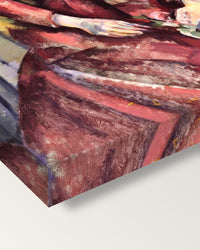 Madame Cézanne in Red by Paul Cézanne on stretched canvas, corner close-up: the painting mirror-wrapped round the sides