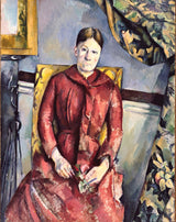 Madame Cézanne in a Red Dress by Cézanne: a woman in a red dress sits upright in a yellow chair, a blue wall and mirror